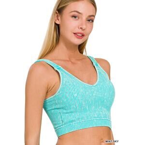 ROSLYN MINT SKY WASHED RIBBED CROPPED SEAMLESS BRA PADDED TANK TOP